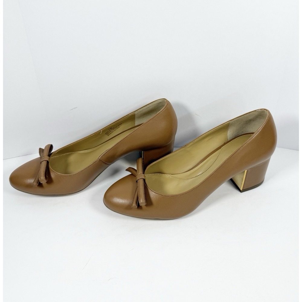 Talbots Isa Bow Nappa Pumps Block Heels Slip On Leather Office Minimalist Tan 7 - Picture 4 of 16